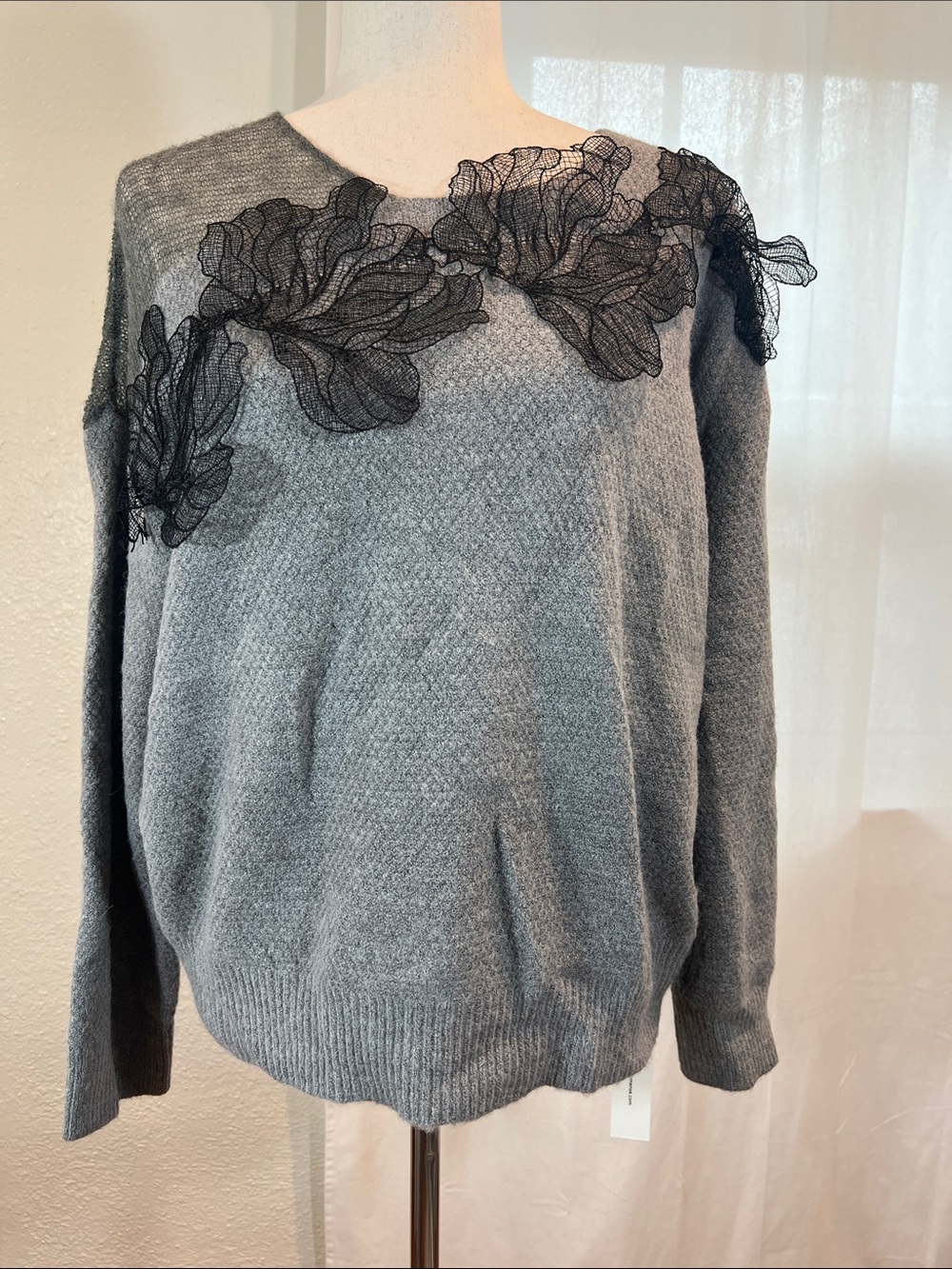 Commense Gray Knit Sweater with Black Lace Floral Appliqué. Size M. NWT